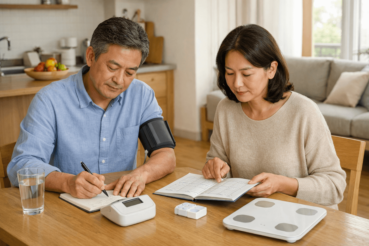 0-심부전증상-대표-이미지-중년-부부-혈압-체중-기록-생활-점검