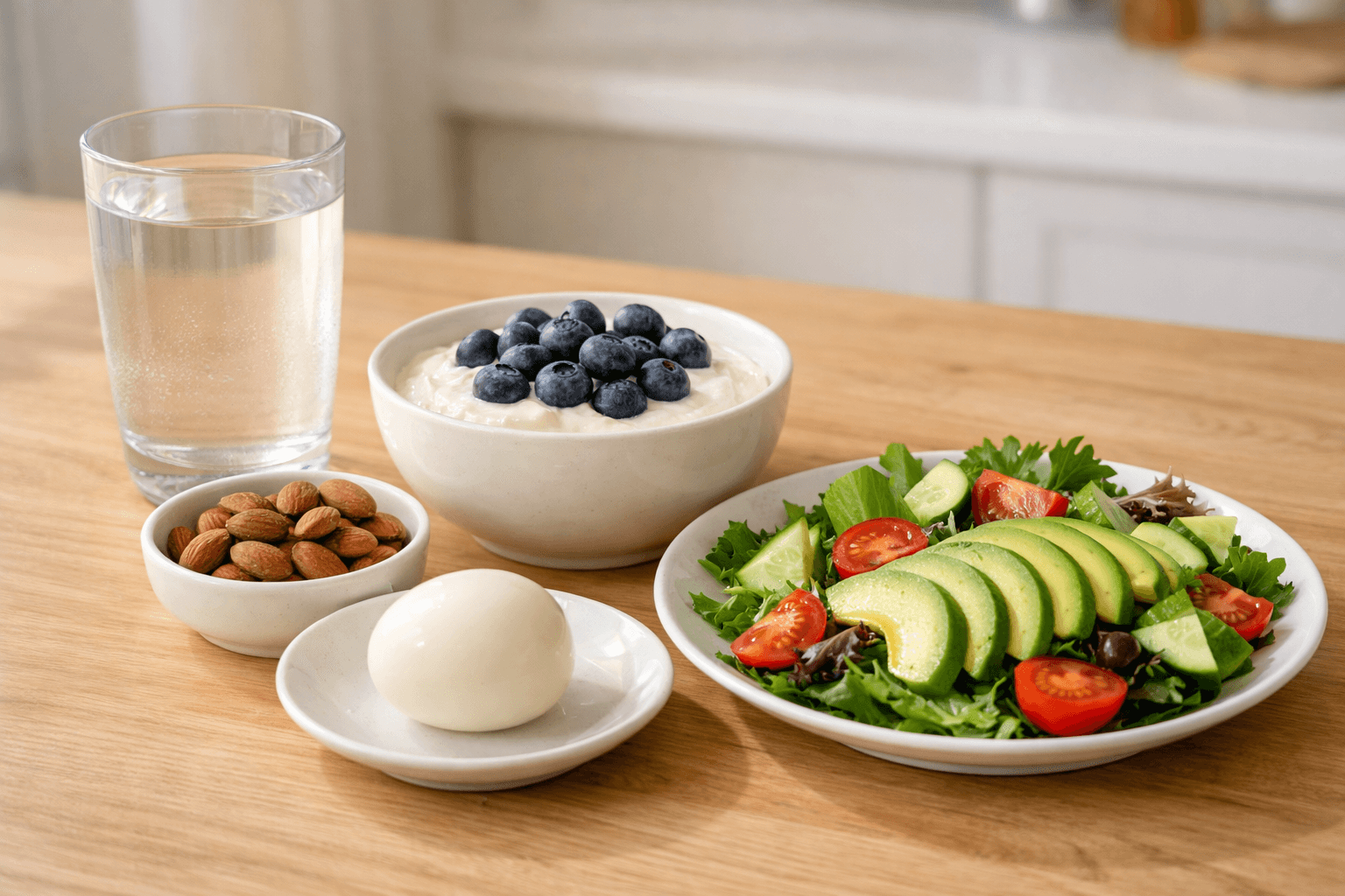 0-아침공복음식-대표-이미지-미지근한-물-그릭요거트-달걀-견과류-샐러드-블루베리