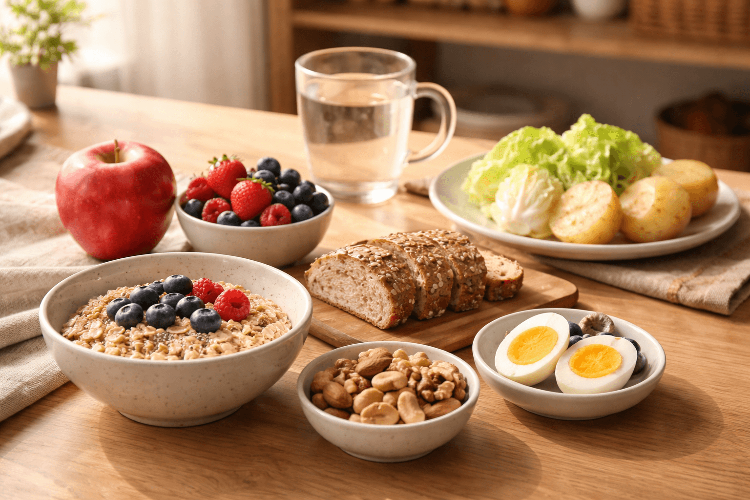 0-아침공복음식-대표-이미지-사과-베리-계란-견과류-오트밀-양배추-감자-곡물빵