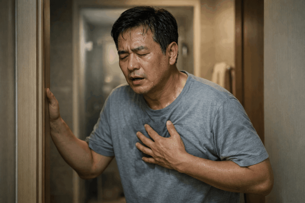 2-심장마비전조증상-숨참과-식은땀이-동반된-실내-상황