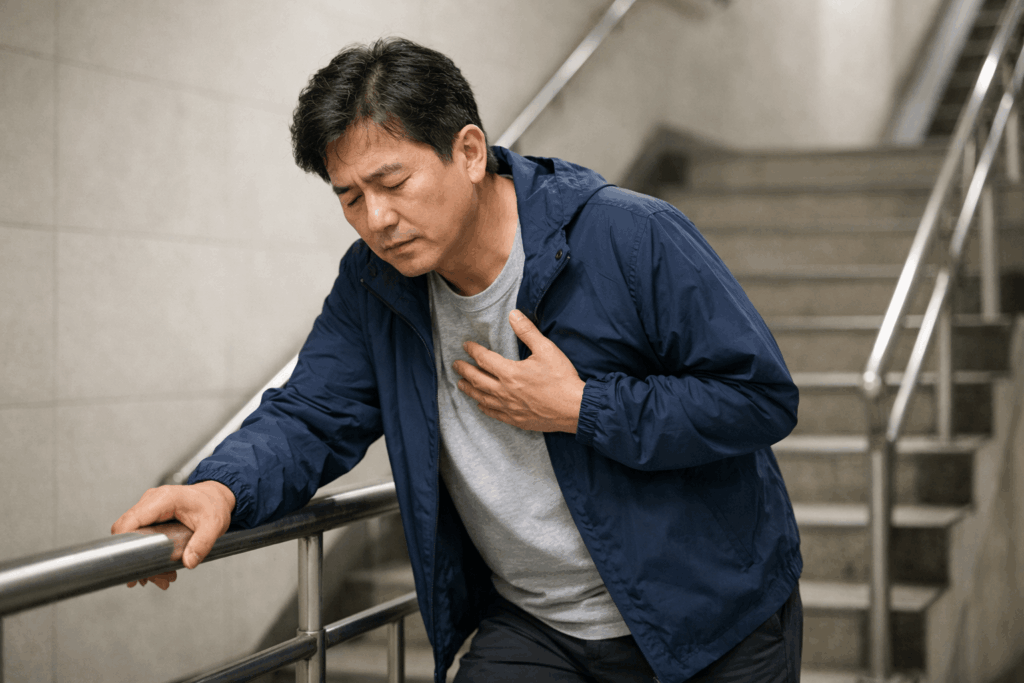 2-심장질환징후-계단에서-숨을-고르며-멈춘-중년-인물