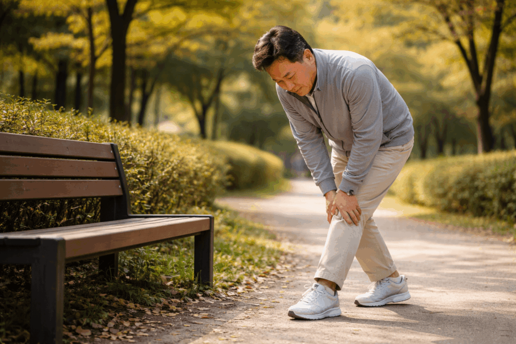 3-심장질환징후-걷다가-종아리-불편감으로-쉬는-중년-인물