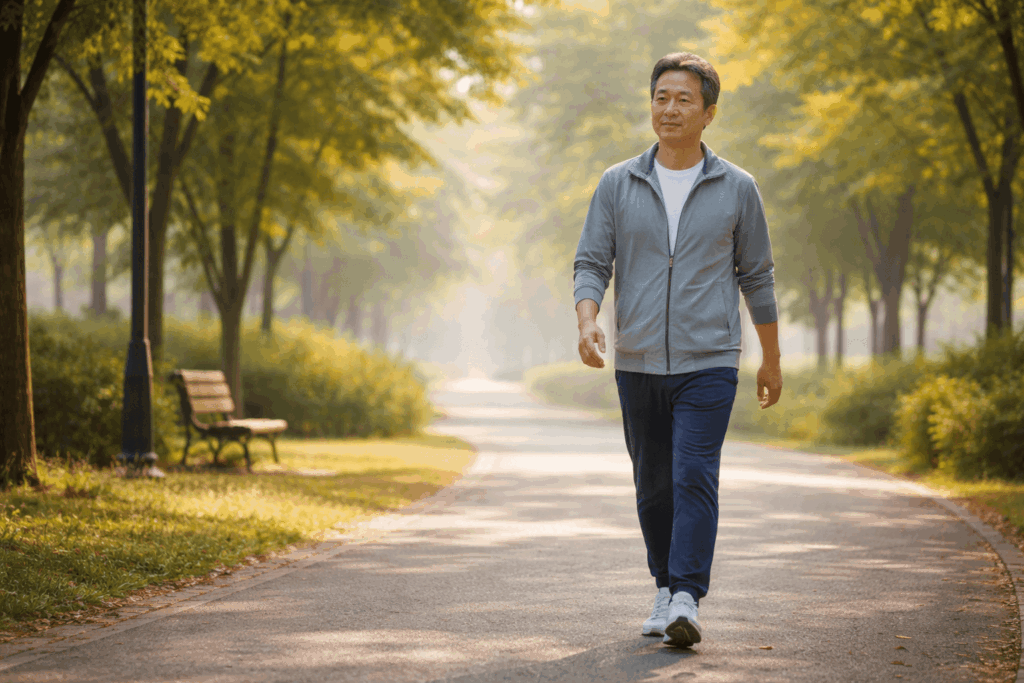 3-폐나이-공원에서-무리없이-걷는-중년-산책-장면
