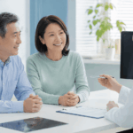 대장암 초기증상과 검진 기준을 상담하는 50대 한국인 부부와 의료진