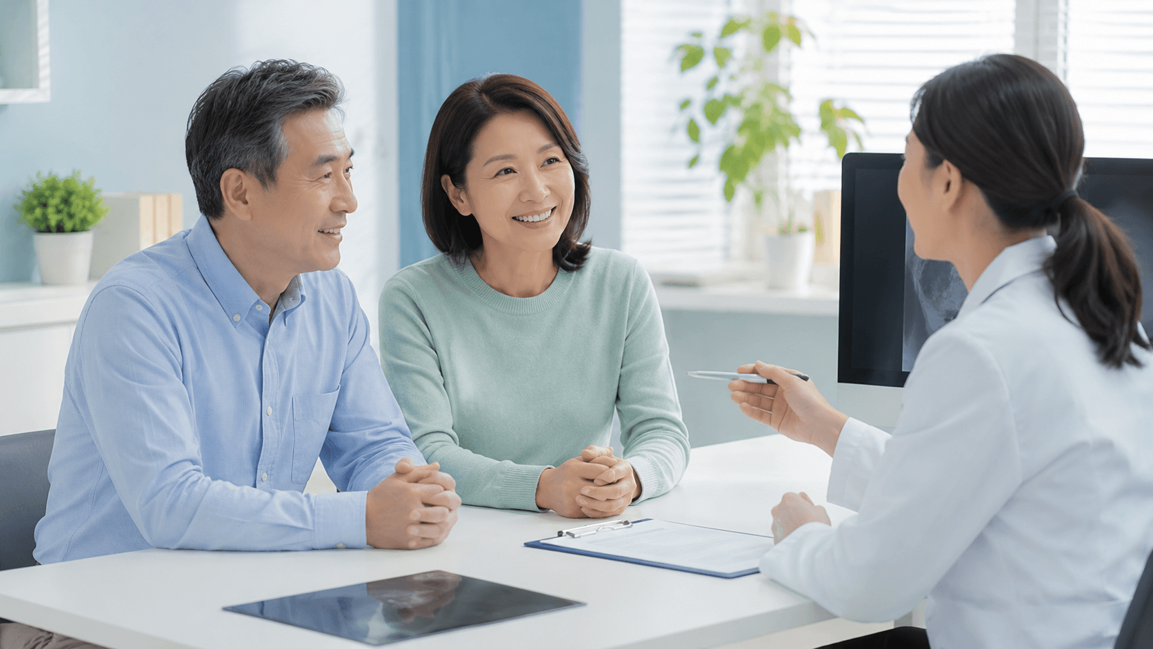 대장암 초기증상과 검진 기준을 상담하는 50대 한국인 부부와 의료진