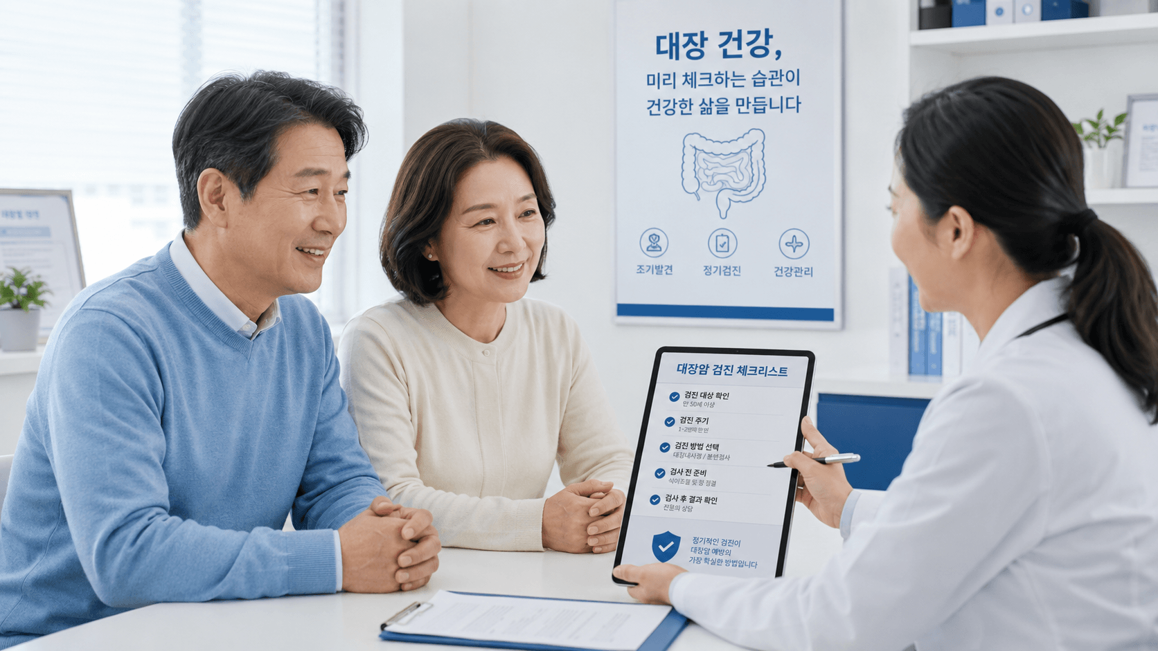 대장암 초기 신호와 대장내시경 상담을 받는 40~60대 한국인 이미지