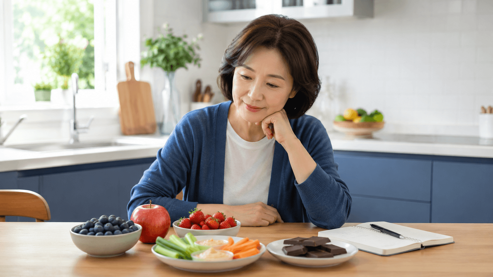 당뇨 환자 간식 선택을 위해 과일과 채소, 다크 초콜릿을 살펴보는 모습