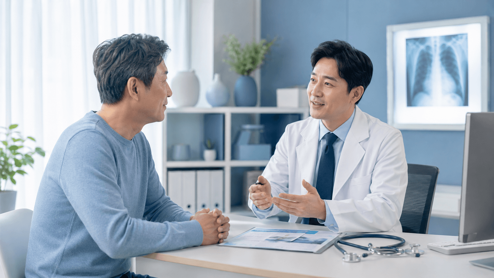 폐암 초기증상과 폐 검진 상담을 받는 50대 한국인 남성