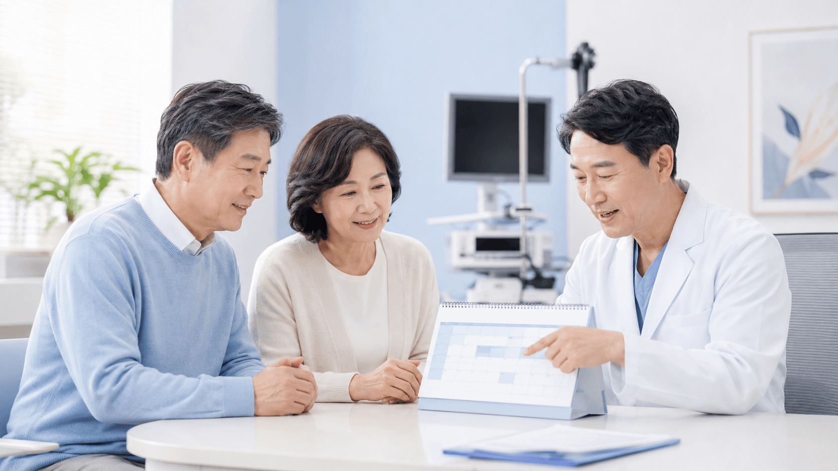 위 대장내시경 동시 검사를 앞두고 병원에서 상담하는 50대 한국인 부부