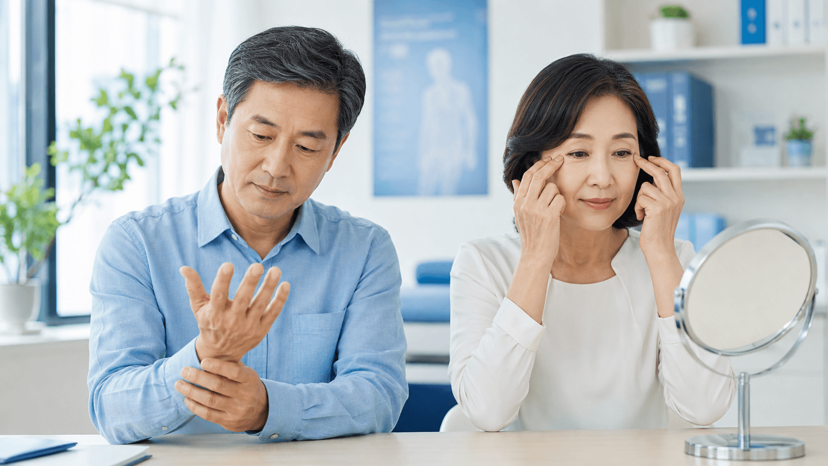 간 질환 피부 증상으로 눈과 손바닥 변화를 확인하는 50대 한국인 이미지