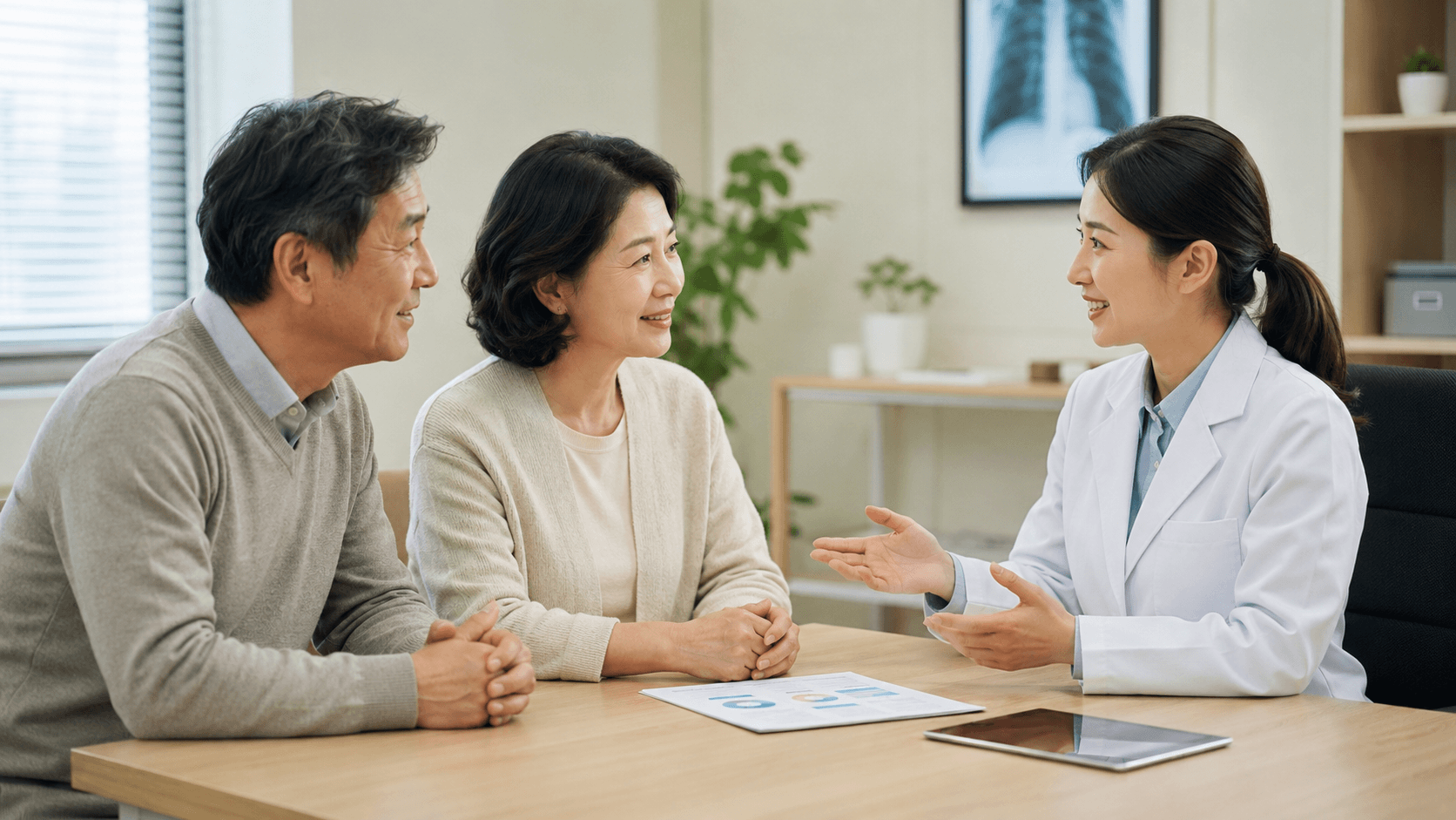 폐암 초기증상과 검진 대상 상담을 받는 50대 한국인 부부와 의료진
