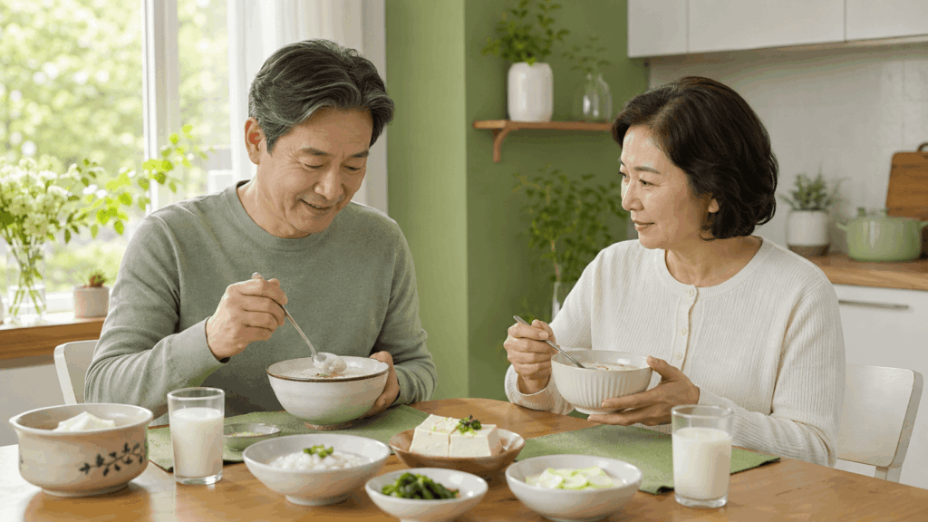 대장 용종 제거 후 회복기에 먹기 좋은 부드러운 식사를 준비하는 모습