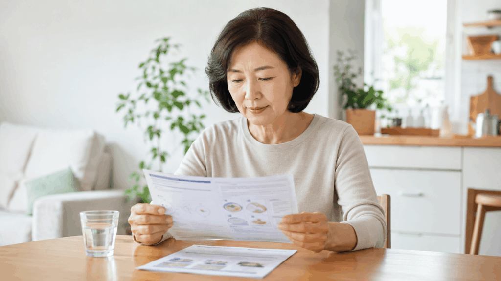 위 대장내시경 동시 검사 전 준비사항을 확인하는 50대 한국인 여성