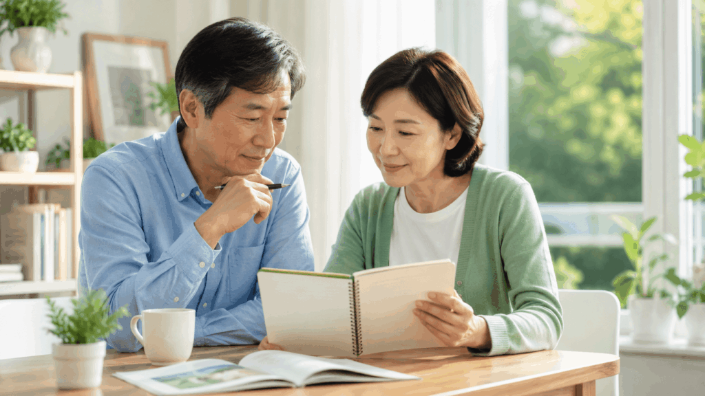 치질 출혈 돌출 통증 증상을 건강 수첩에 체크하는 중년 한국인
