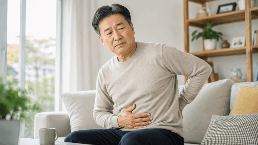 췌장암 전조증상으로 볼 수 있는 등 통증과 소화 변화를 기록하는 중년 남성