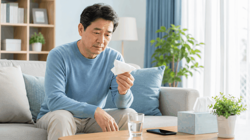 폐암 의심 증상 중 오래 가는 기침과 가래 변화를 확인하는 50대 한국인 남성