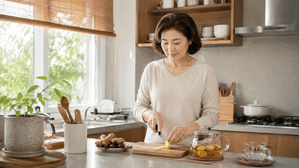 집에서 생강차를 준비하는 50대 한국인 여성의 건강한 생활 장면