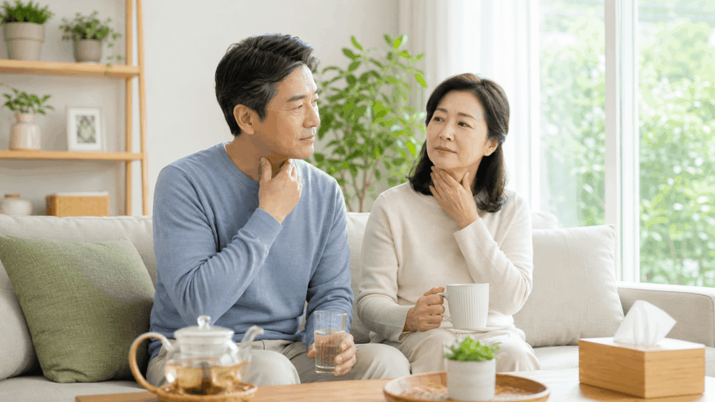 목 가래 느낌과 목 이물감을 집에서 차분히 확인하는 중년 한국인 생활 장면