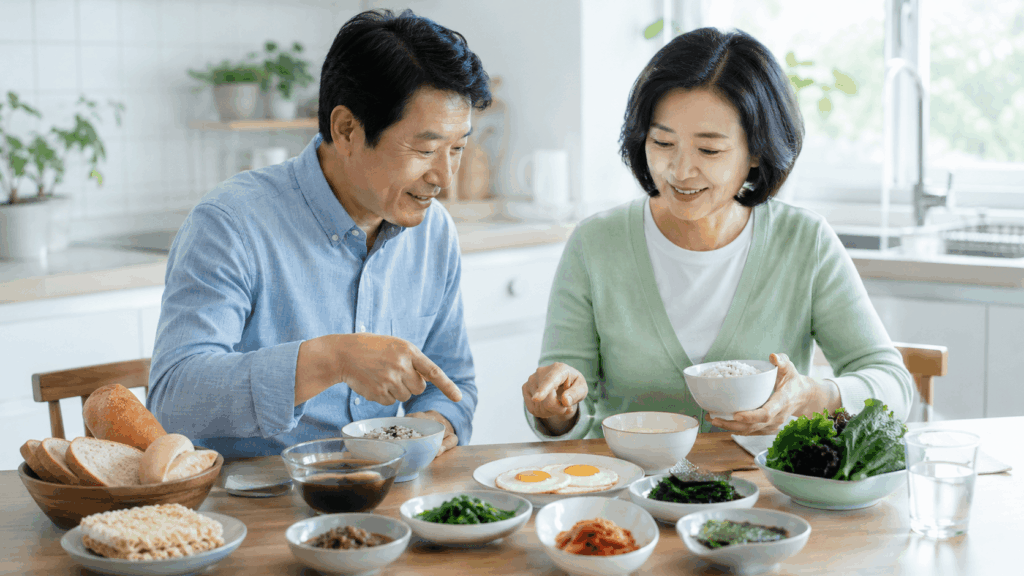 갑상선 식단에서 밀가루와 인스턴트 식품을 줄이고 집밥을 선택하는 한국인 중년 부부