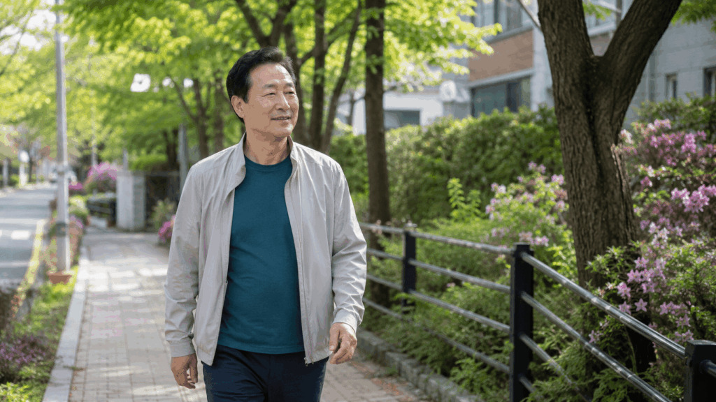 식후 혈당 관리를 위해 가볍게 걷는 중년 남성