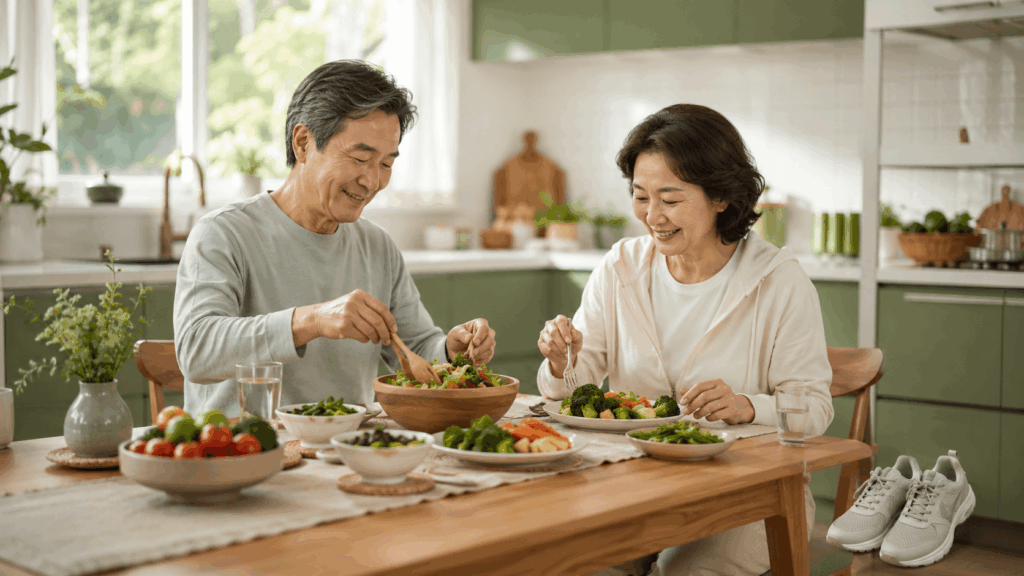 대장암 예방 생활습관을 위해 균형 잡힌 식사와 걷기를 준비하는 40~60대 한국인 부부