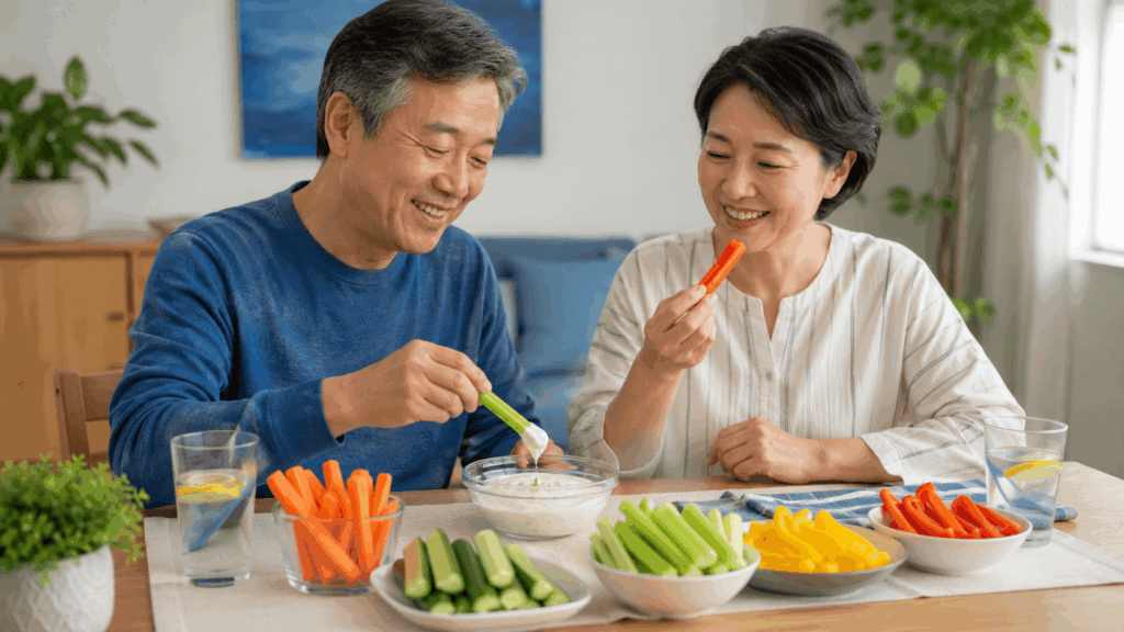 당뇨 환자 간식으로 활용할 수 있는 채소 스틱과 무가당 그릭 요거트