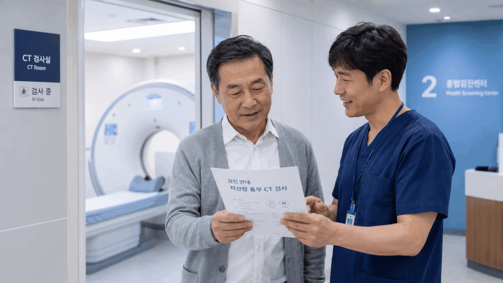 저선량 흉부 CT 검진 안내를 받는 중장년 남성
