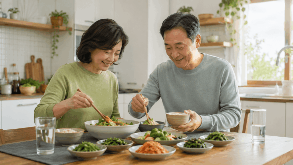 고혈압 신장 건강 관리를 위해 싱겁고 균형 잡힌 식사를 준비하는 50대 한국인 부부