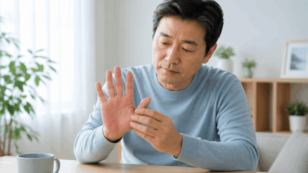 간 손바닥과 손톱 변화를 확인하는 50대 한국인 남성