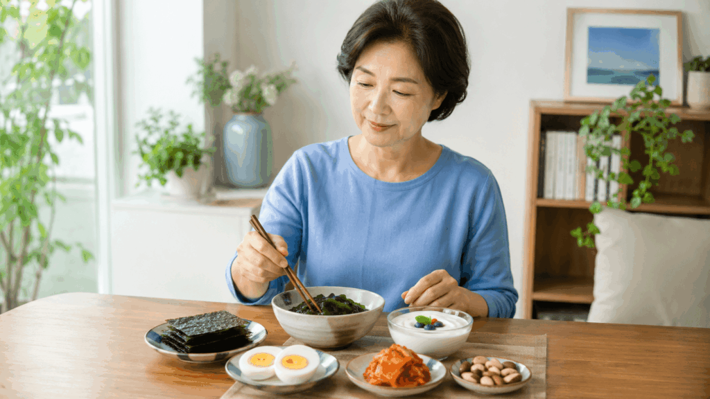갑상선 건강을 위해 해조류 달걀 발효식품 브라질너트를 적정량 준비한 식단