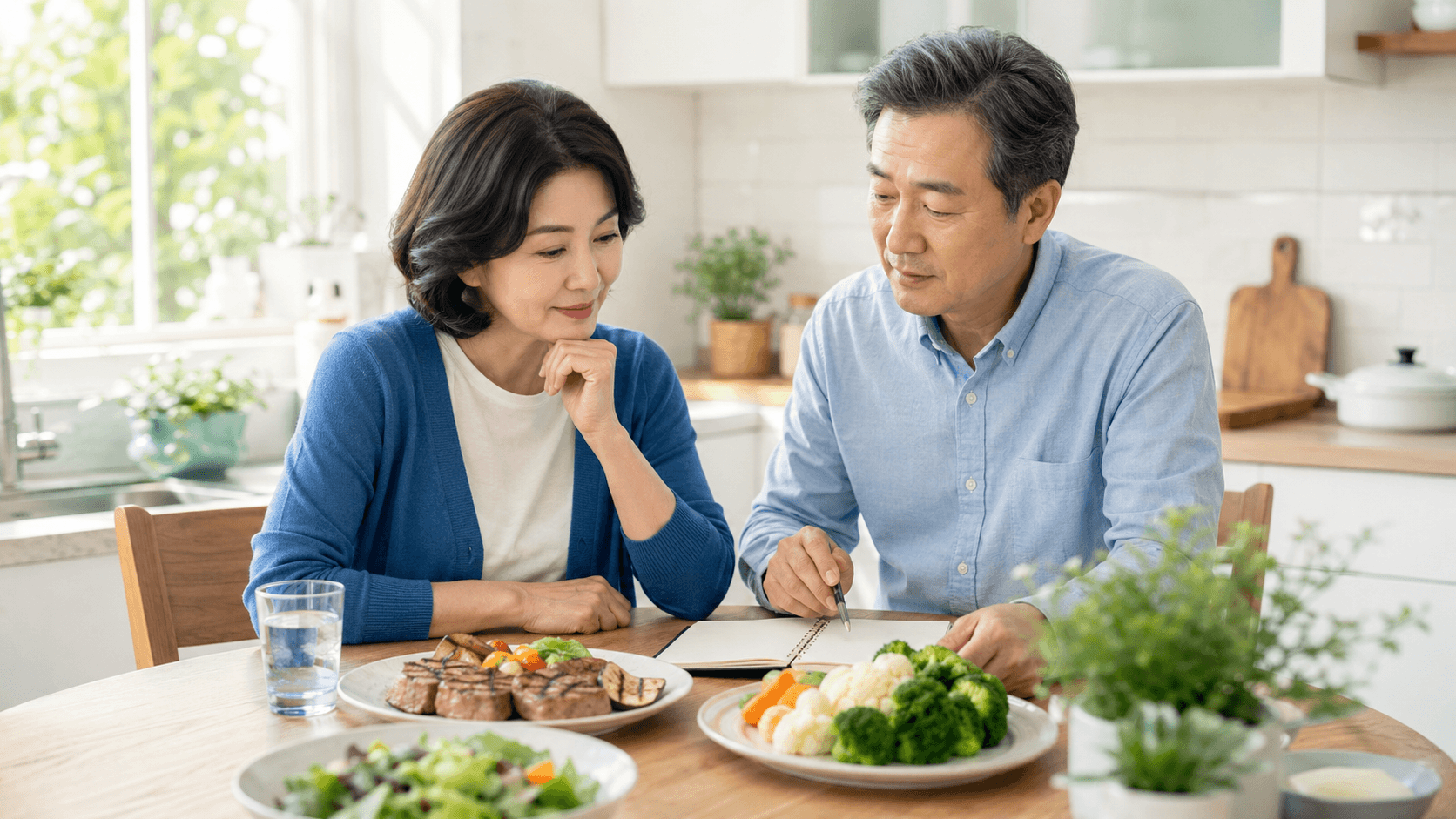 당독소 AGE가 많은 음식과 혈관 건강을 위해 조리법을 점검하는 50대 한국인 부부의 식탁 장면