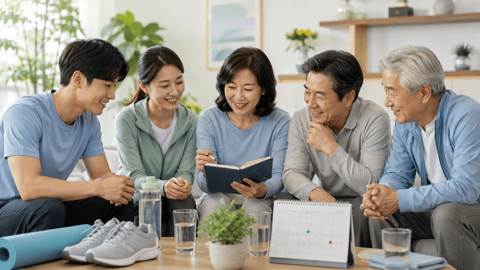 연령대별 건강관리를 위해 한국인 가족이 건강 수첩과 검진 일정을 함께 확인하는 모습