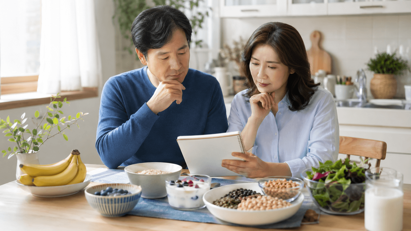 뱃살 빼는 음식 선택 기준을 확인하며 식단을 점검하는 중년 한국인 남녀