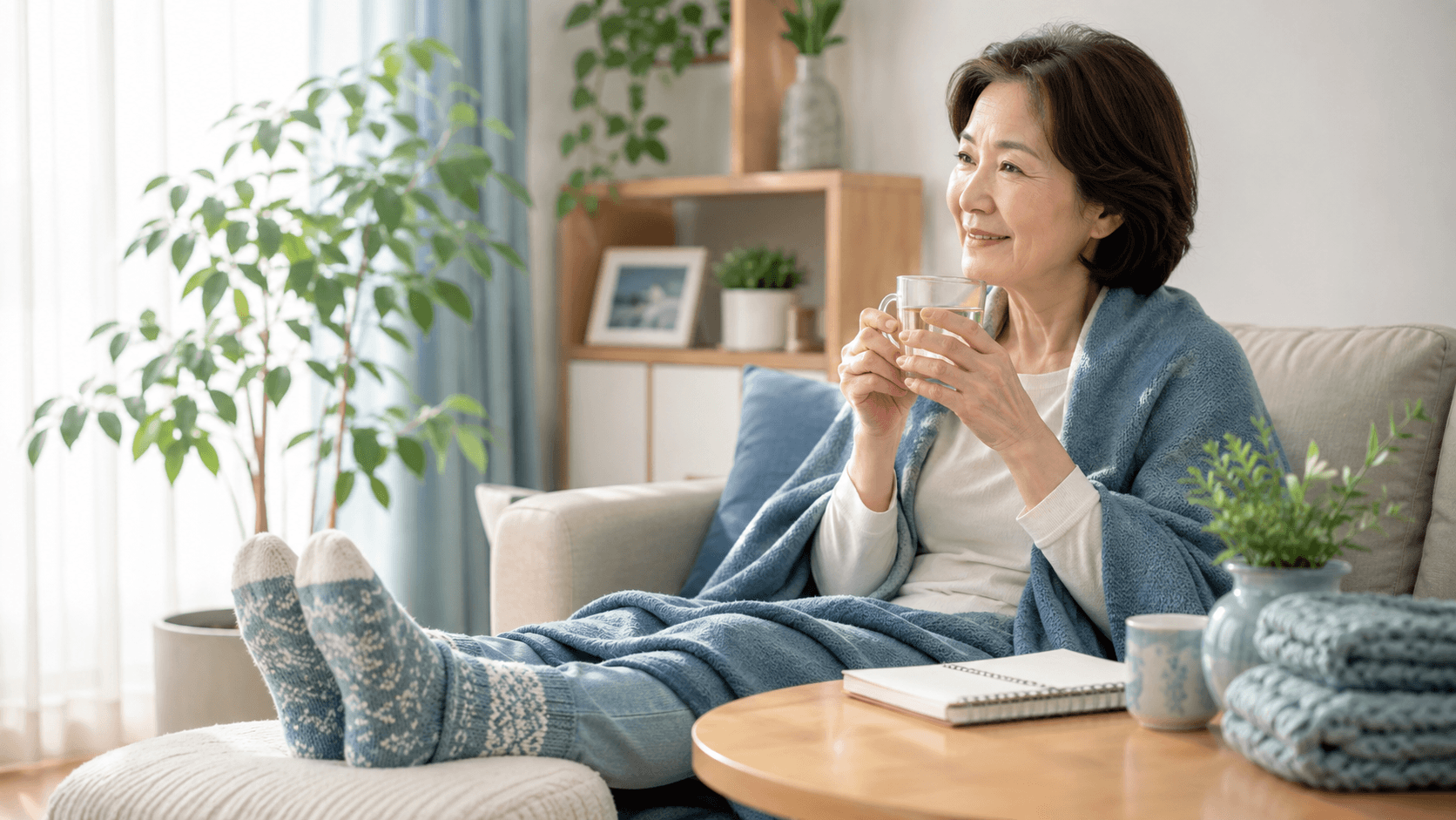 혈액순환 개선 생활습관을 위해 따뜻한 물과 건강 수첩을 준비한 50대 한국인 여성