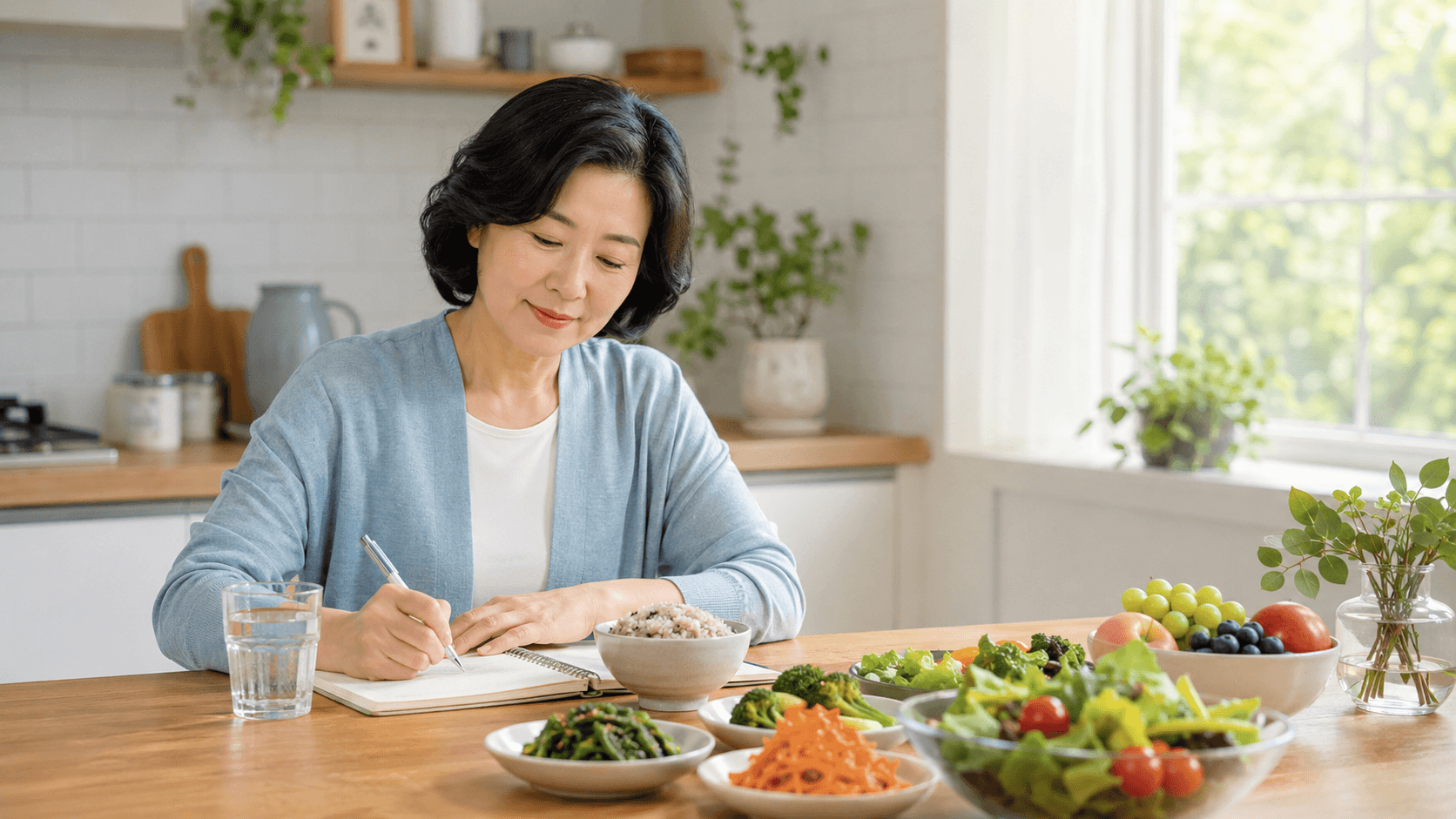 유방암 식습관 관리를 위해 당 음료와 튀긴 음식을 줄이고 식단을 기록하는 한국인 여성