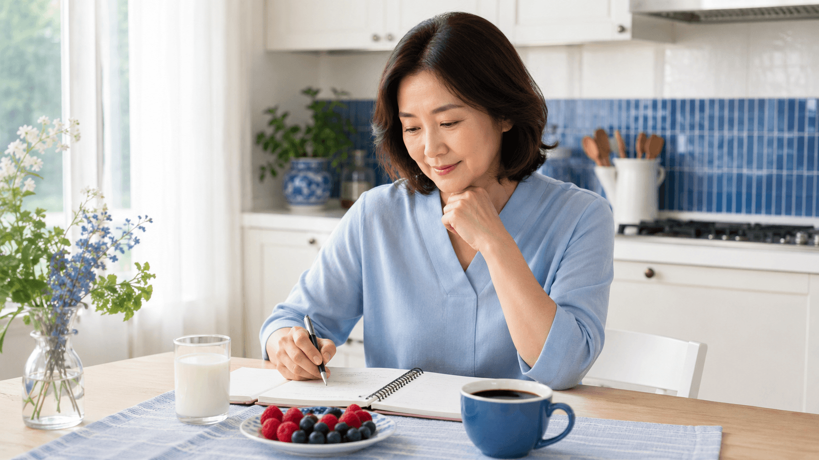 유방암 음식 관리를 위해 우유와 커피, 베리류 섭취를 차분히 확인하는 한국인 여성