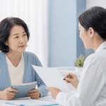 유방암 검진 상담을 받는 50대 한국인 여성과 의료진의 차분한 병원 상담 장면