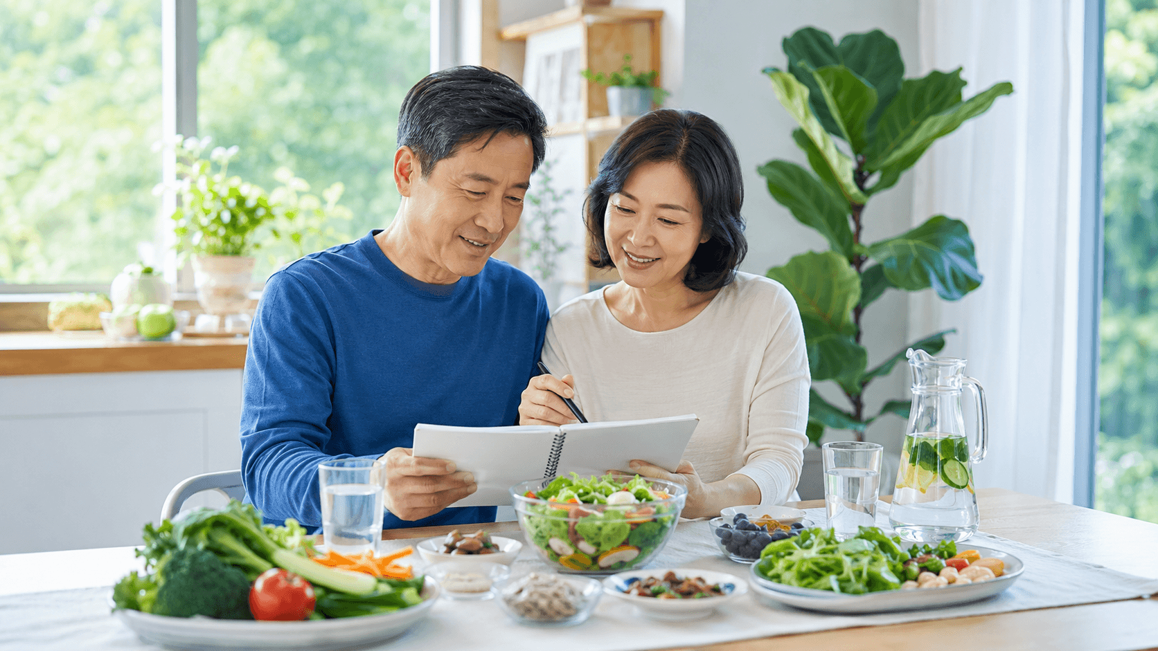 암 예방 식습관을 위해 가공육과 단 음료를 줄이고 건강한 식사를 준비하는 40~60대 한국인 부부