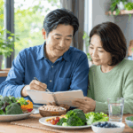 암 예방 생활습관을 위해 식사와 정기검진 일정을 확인하는 40~60대 한국인 부부
