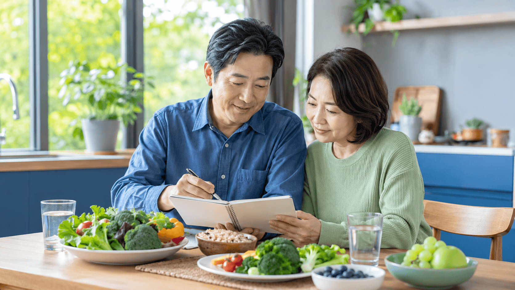 암 예방 생활습관을 위해 식사와 정기검진 일정을 확인하는 40~60대 한국인 부부