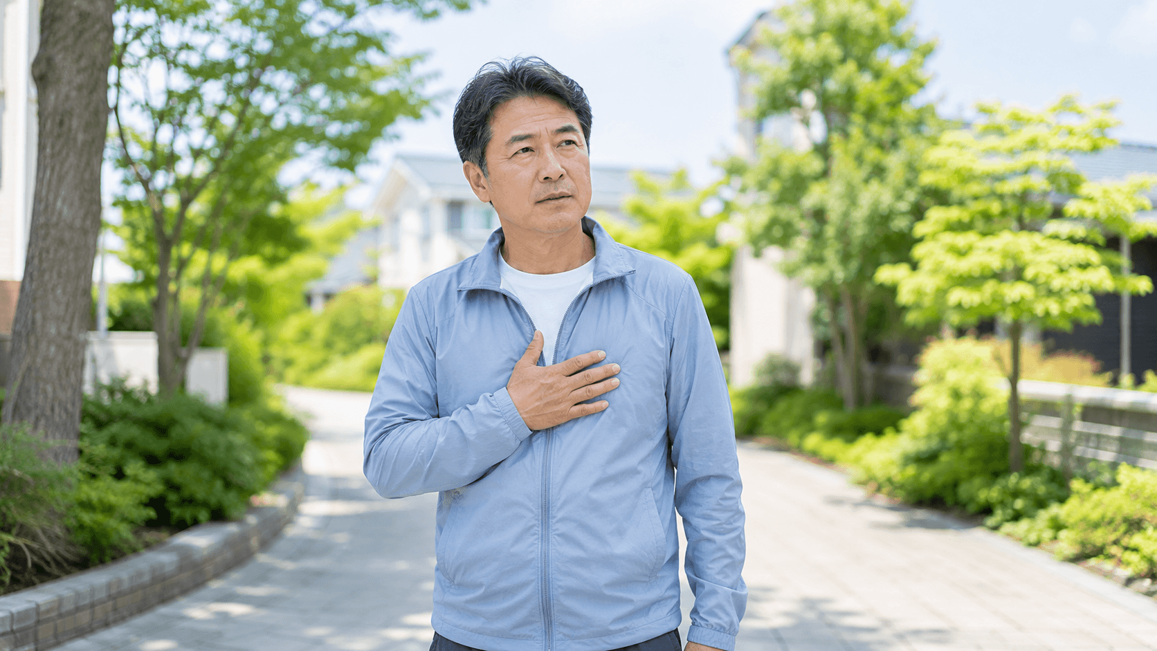 가슴 통증이 있을 때 혈관 이상 신호를 떠올리게 하는 50대 한국인 남성의 걷기 장면
