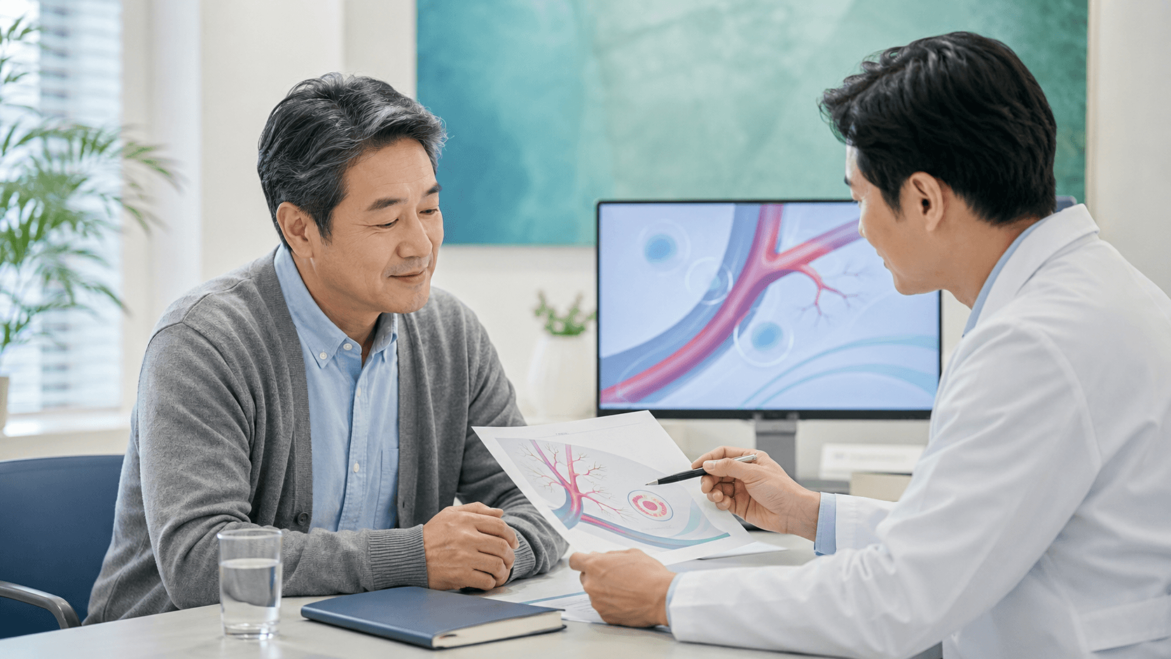 콜레스테롤 수치가 높은 건강검진 결과를 의료진과 상담하는 50대 한국인 남성