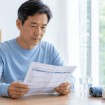 만성 콩팥병 초기증상을 확인하기 위해 건강검진 결과지를 살펴보는 50대 한국인 남성