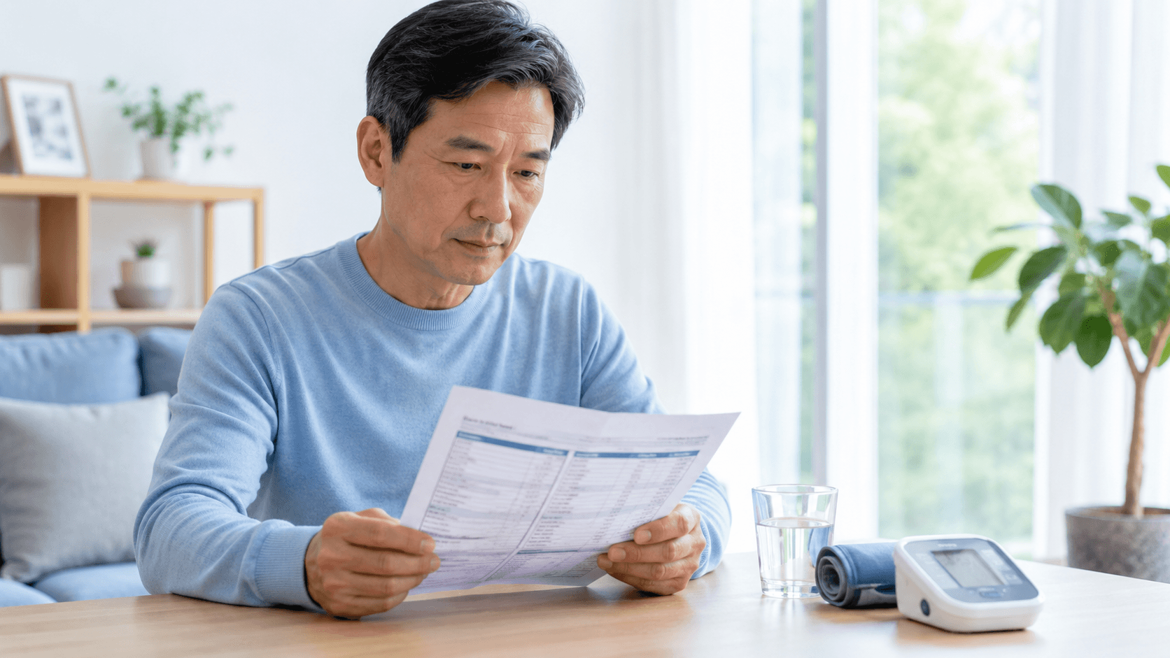 만성 콩팥병 초기증상을 확인하기 위해 건강검진 결과지를 살펴보는 50대 한국인 남성