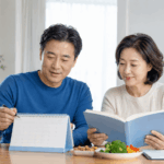 대장암 전조 증상과 대장내시경 검진 일정을 확인하는 중년 부부의 건강 관리 장면