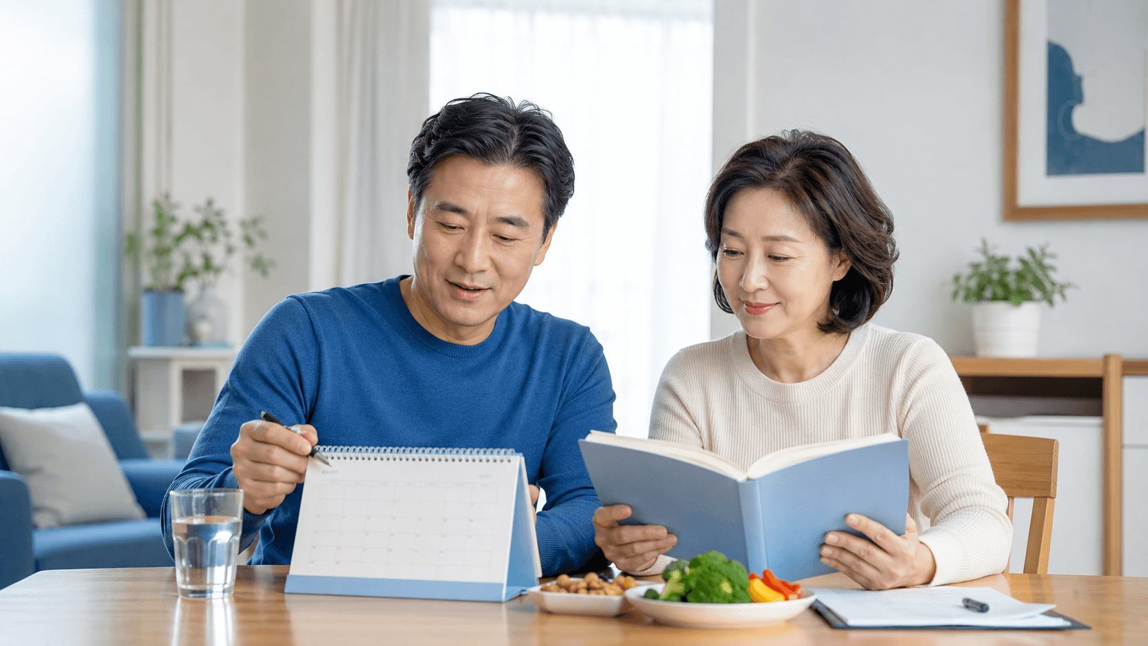 대장암 전조 증상과 대장내시경 검진 일정을 확인하는 중년 부부의 건강 관리 장면