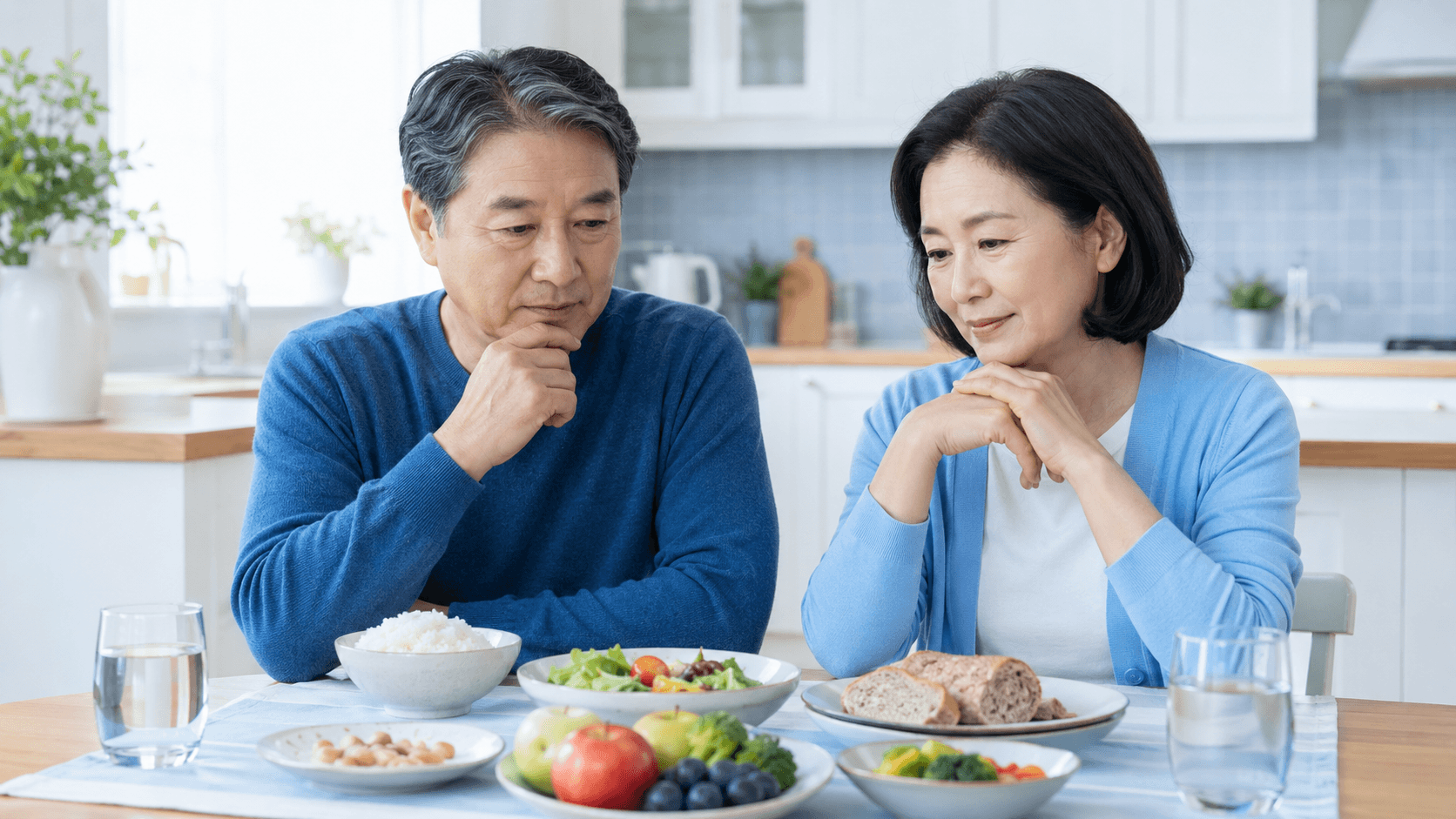 당뇨 식단에서 줄여야 할 음식과 식사 조절을 고민하는 50대 한국인 부부