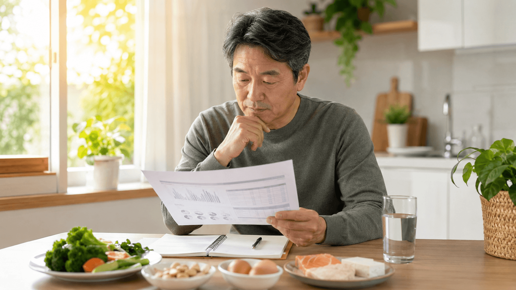 지방간 관리를 위해 건강검진 결과와 식습관을 확인하는 50대 한국인 남성
