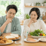 건강을 해치기 쉬운 음식과 대체 식품을 식탁에서 비교하는 40~60대 한국인 모습