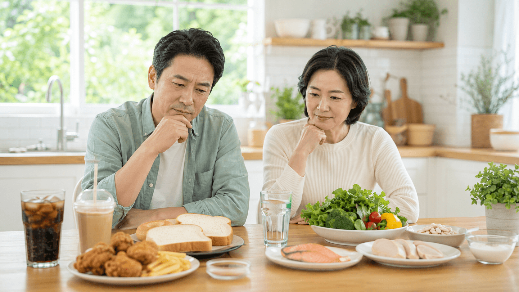 건강을 해치기 쉬운 음식과 대체 식품을 식탁에서 비교하는 40~60대 한국인 모습